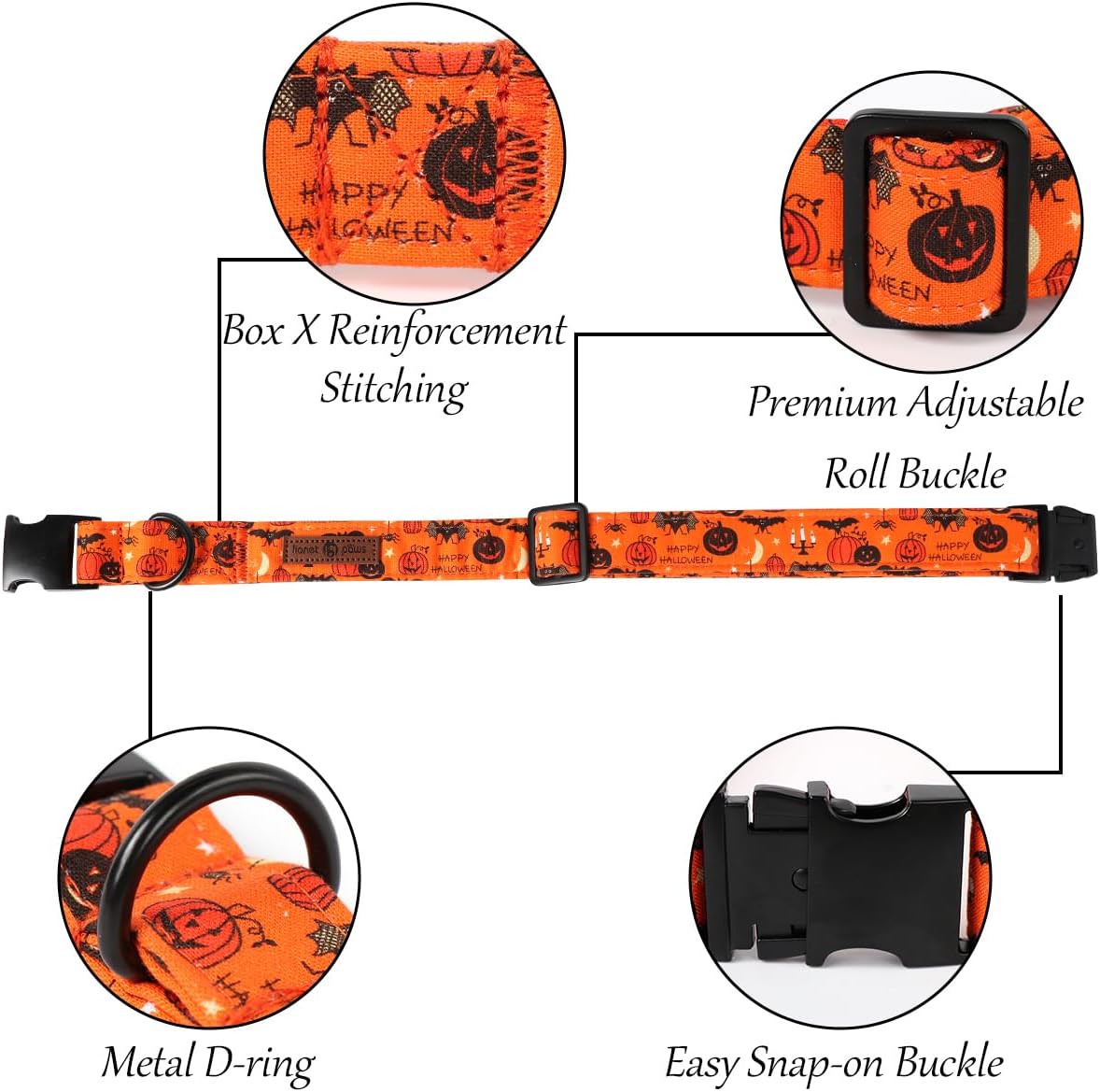 Lionet Paws Fall Halloween Dog Collar, Cute Bat Pumpkin Dog Collar for Large Dogs, Adjustable Cotton Orange Pet Collars for Medium Large Dogs