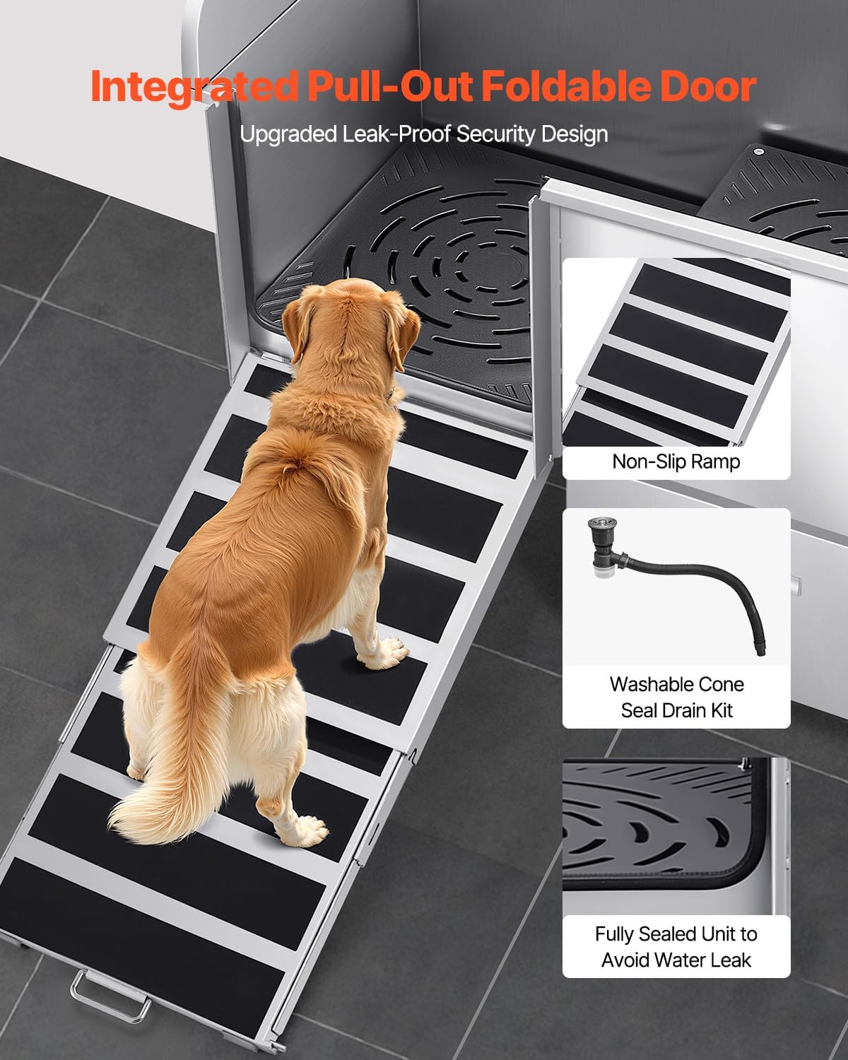 VEVOR Professional 304 Stainless Steel Dog Bathing Station, 50 inch Pet Grooming Tub w/Anti-Slip ramp, Storage Drawer, Cold Hot Faucet Showerhead, for Large & Medium & Small (Left Door, with Drawer)
