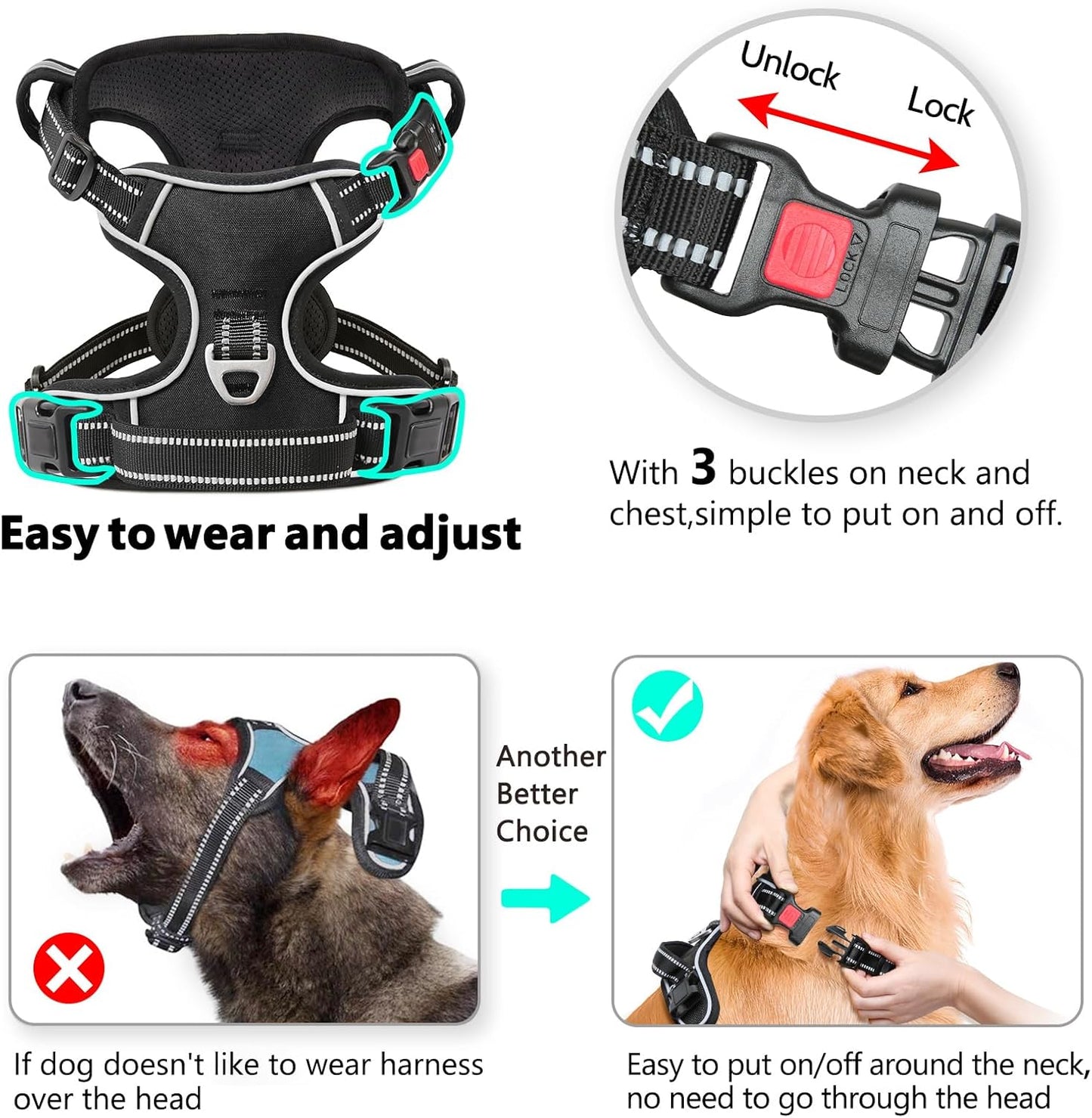 Timos No Pull Dog Harness, Release at Neck Reflective 3 Snap Buckles Adjustable No Choke Pet Vest with Front & Back 2 Leash Clips, Soft Padded Control Training Handle for Small Medium Large Dogs