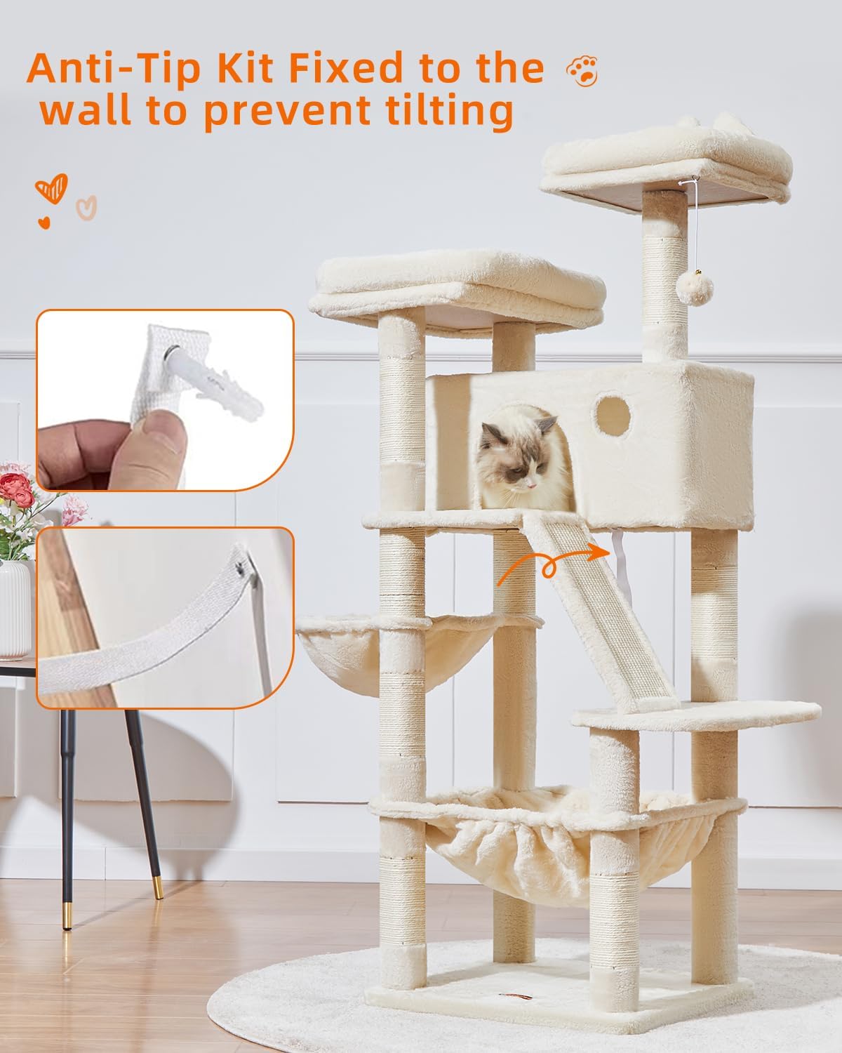 Taoqimiao Cat Tree 57.5-Inch, Cat Tower for Indoor Cats Large Adult, Extra Large Cat Condo, 8 Sisal Scratching Posts, Metal Frame Cozy Hammock, Durable Scratch Board, 2 Top Perches, Beige MS026M