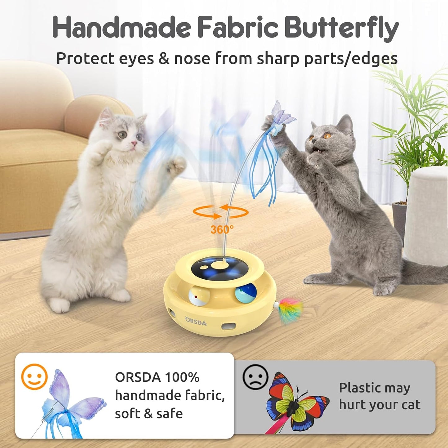 ORSDA Cat Toy, 3-in-1 Automatic Interactive Electronic Moving Ambush Feather, Fluttering Butterfly, Track Balls, USB Rechargeable Powered Smart Indoor Exercise Kicker