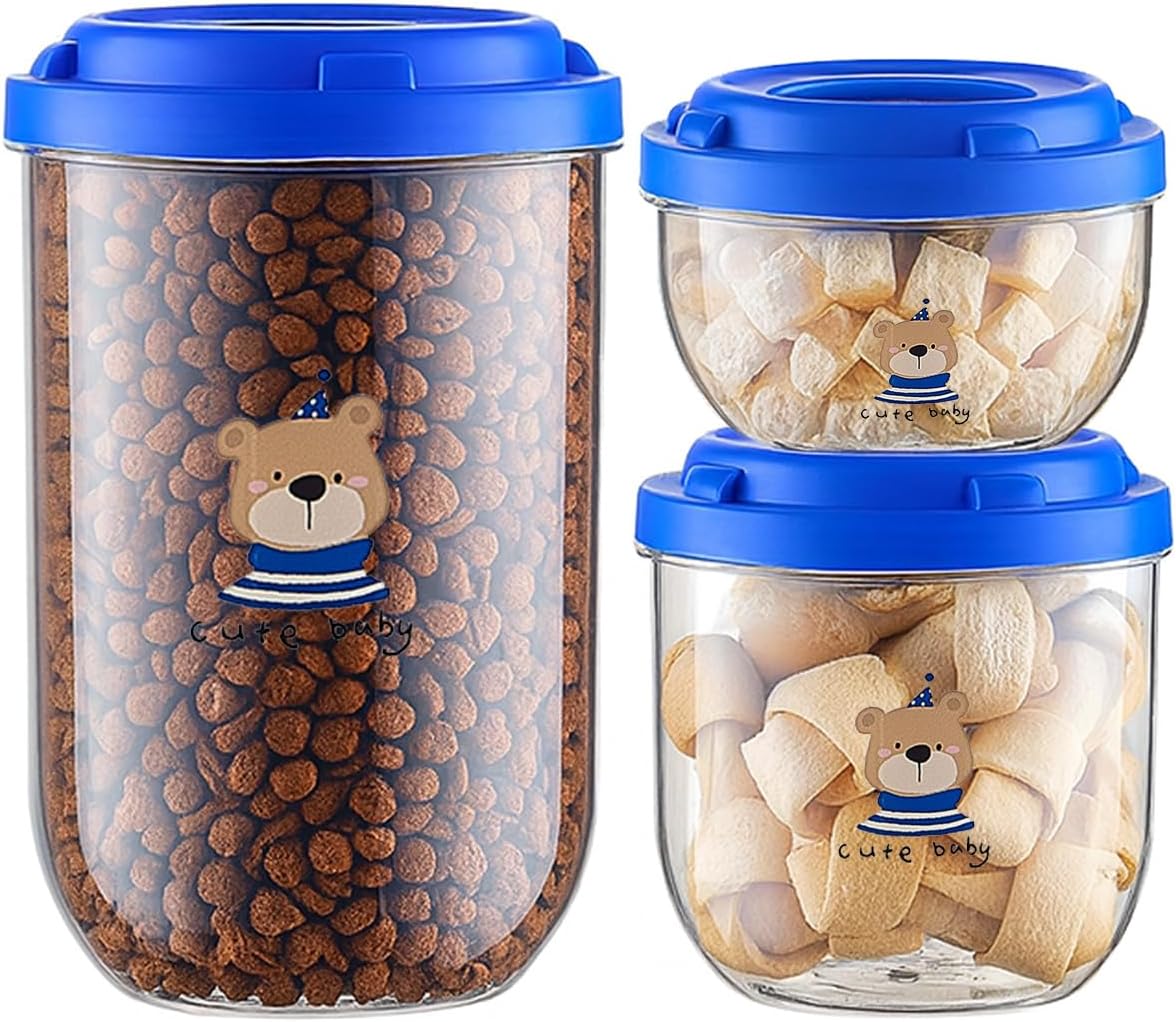 3PCS Dog Food Storage Container Set – Airtight Dog Food Container, Transparent Pet Food Storage Containers for Dog Treats, Cat Food Container, Blue, Multi-Size