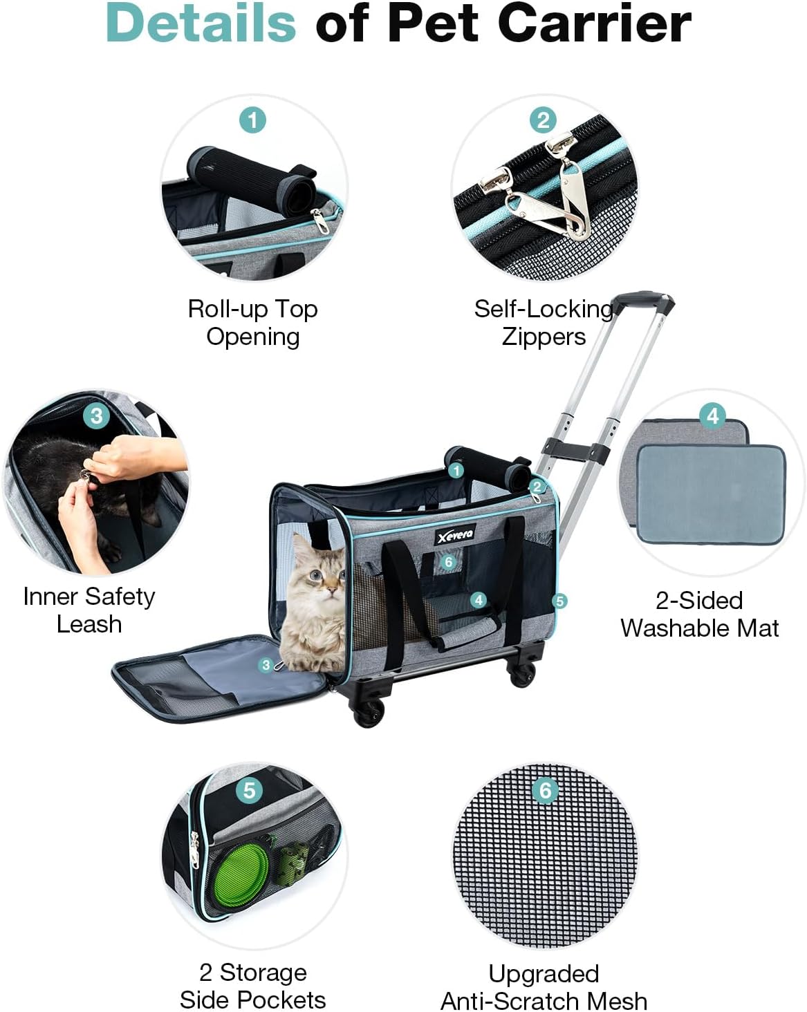 Dog Cat Carrier with Wheels, Airline Approved Pet Carrier for Cats Dogs 15lbs 20 lbs with Double-Sided Mat, Safety Leash and Shoulder Strap, Grey