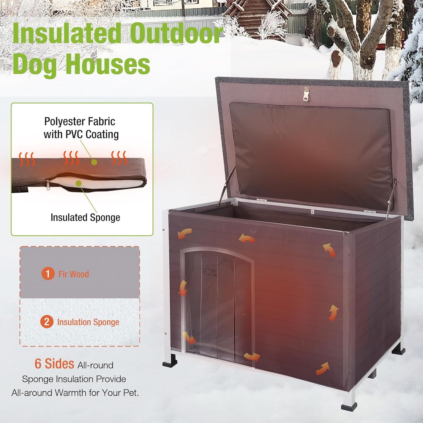 GUTINNEEN Large Insulated Dog House for Winter Outdoor Dog Kennel with Anti-Chewing Metal Frame for Medium to Large Dogs,Grey and White