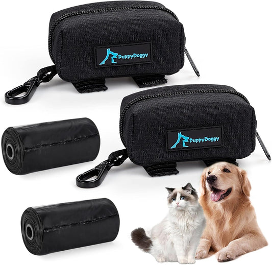 PuppyDoggy 2 Pack Poop Bag Holder for Dogs and Cats Black Waste Bag Dispenser Poop Bag Pouch Dispenser with 2 Roll of Free Poop Bags for Leash Accessory Bicycle (Black, 2 Pack)