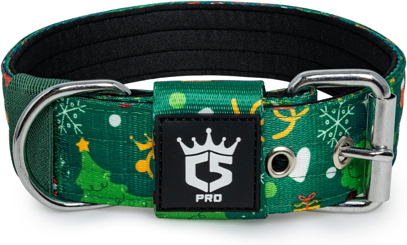 TSPRO Tactical Dog Collar 1.5 Inch Wide Thick Dog Collars with Heavy Duty Metal Buckle, Durable, Strong, Adjustable for Medium to Large Dogs (Christmas Green M)