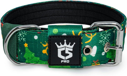 TSPRO Tactical Dog Collar 1.5 Inch Wide Thick Dog Collars with Heavy Duty Metal Buckle, Durable, Strong, Adjustable for Medium to Large Dogs (Christmas Green M)