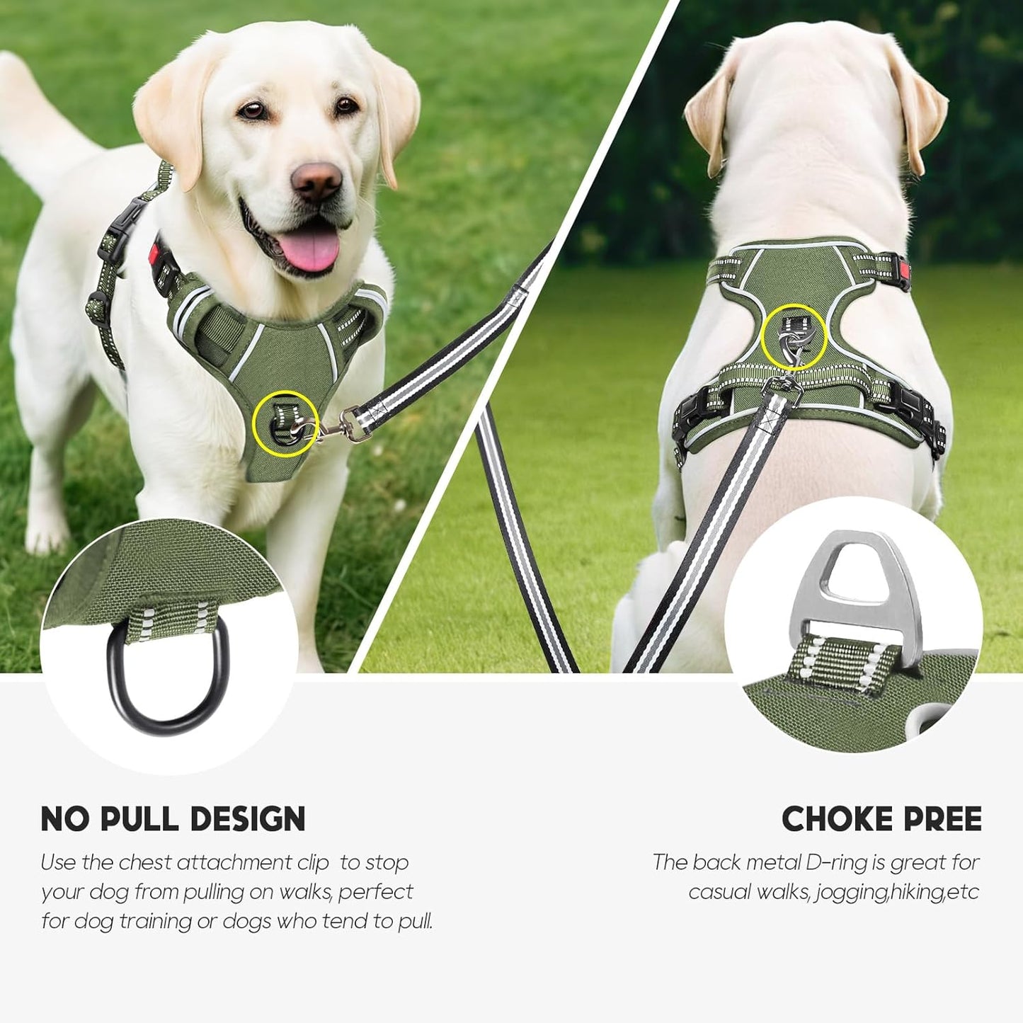 Timos Dog Harness Large Sized, No Pull Pet Harness with Neck Lockable Snap,No Choke Front Clip Dog Reflective Vest,Adjustable Metal Rings 3 Buckles,Easy Control Handle for Large Dogs Green L