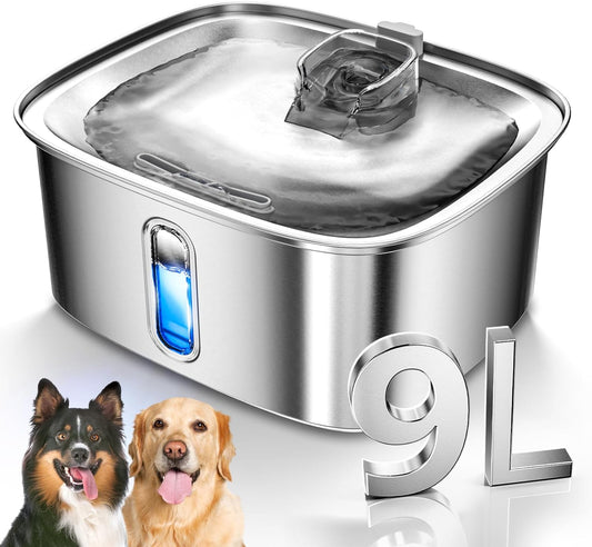 Dog Water Fountain for Large Dogs, 9L/2.4Gal Stainless Steel Dog Fountain with Water Level Window & Filtration, Automatic Pet Water Bowl Dispenser Indoor, Super Quiet for Multi-Pet