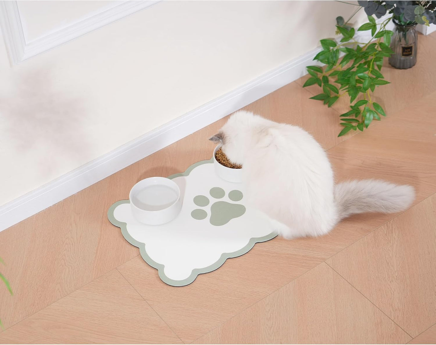 Ralxion Scalloped Dog Feeding Mat, Absorbent Mats for Dog Food and Water Bowl, Dispenser, Cute Elegant Aesthetic Preppy Sage Green Scallop Pet Placemat for Dogs, Cats, Puppy Accessories, 14" X 19”