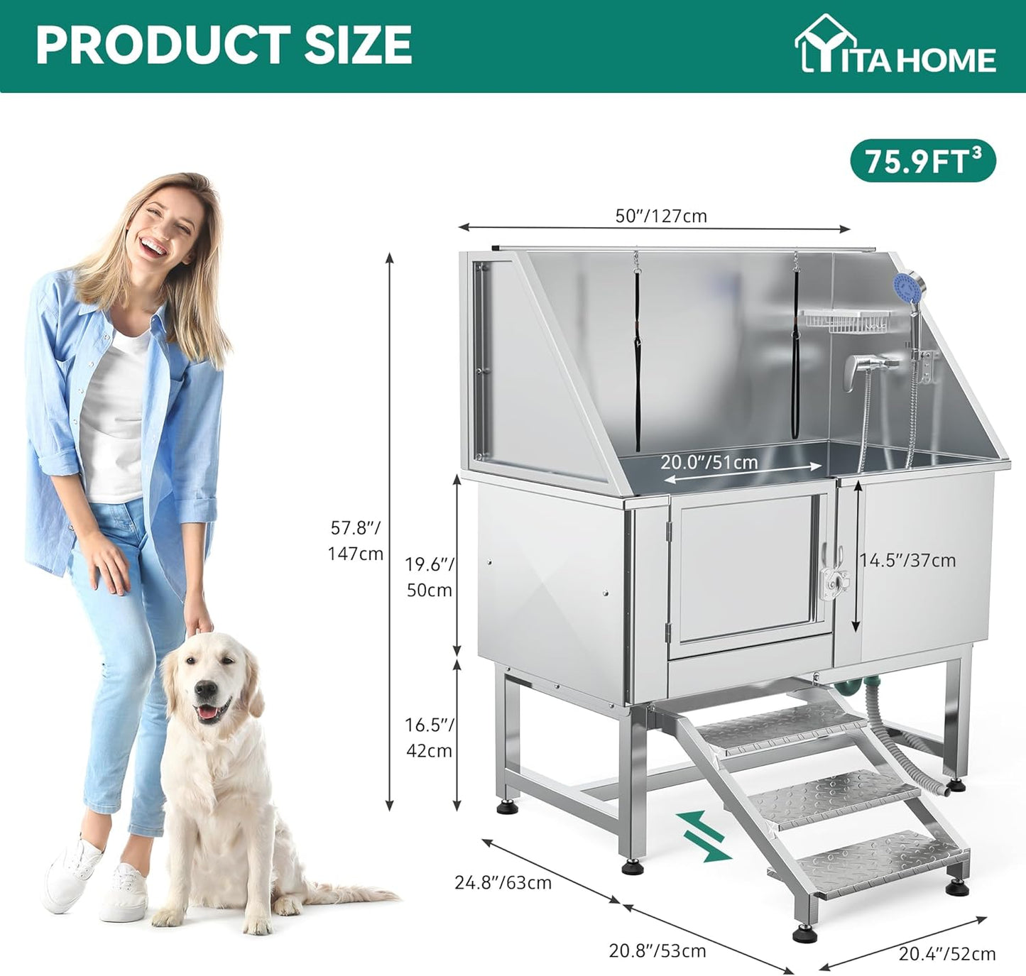 YITAHOME Dog Bathing Station, Professional Stainless Steel 304 Dog Grooming Bathtub w/Left Stairs, Faucet, Floor Grate, 50in Pet Washing Station for Large, Medium, Small Pets