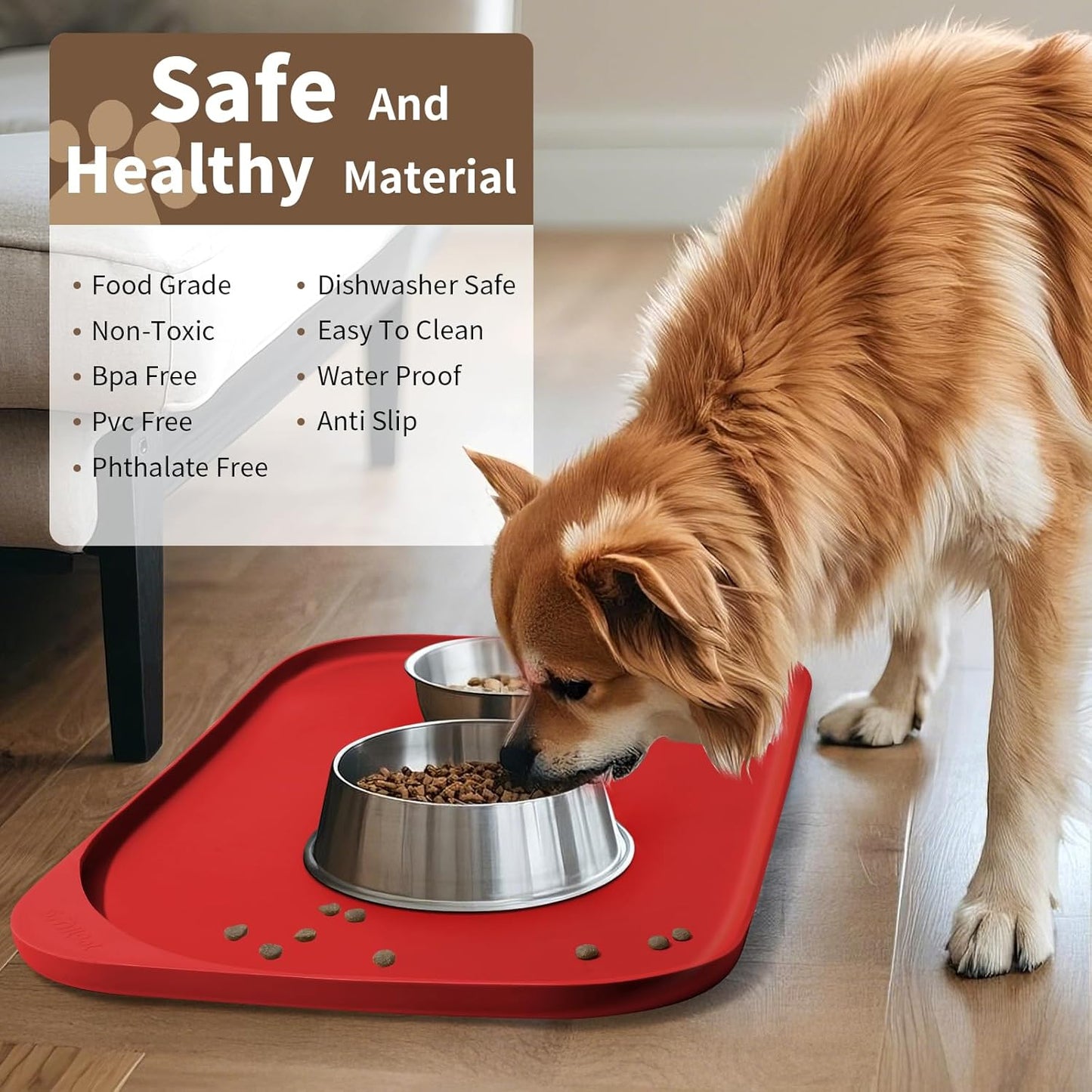 Silicone Pet Feeding Mat with Raised Edge & Residue Collection Pocket for Food and Water, Dog Bowl Mats, Cat Bowls Placemat with High Lip for Floor Waterproof, 22 x 14 x 0.8 Red
