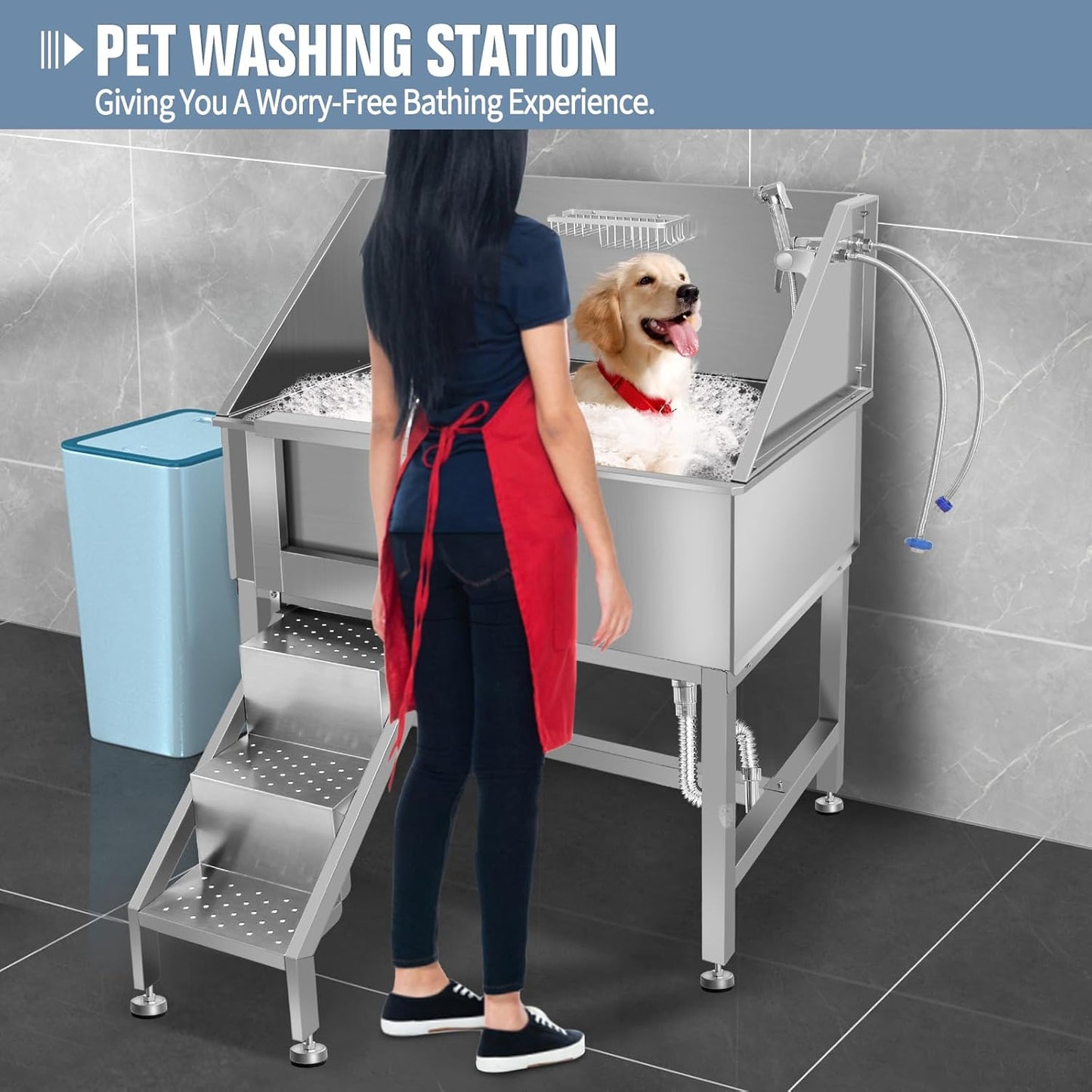 38" Pet Dog Bathing Station W/Ramp, Professional Stainless Steel Dog Grooming Tub W/Soap Box, Faucet,Rich Accessory, Dog Bathtub for Large,Medium,Small Pets, Washing Sink for Home,L-RAMP
