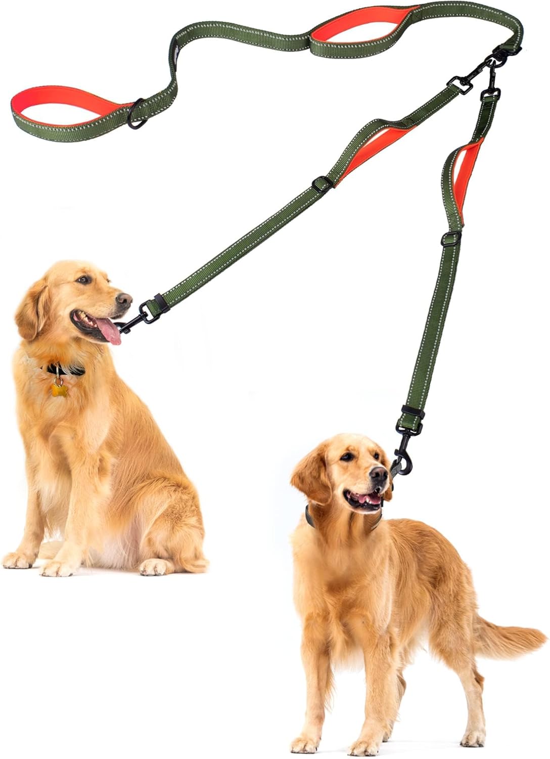 PetBonus Double Dog Leash, No Tangle Dual Leash, Reflective Walking Training Lead, 4 Comfortable Padded Handles for 2 Dogs with Collapsible Bowl and Waste Bags (Khaki Green, Large)
