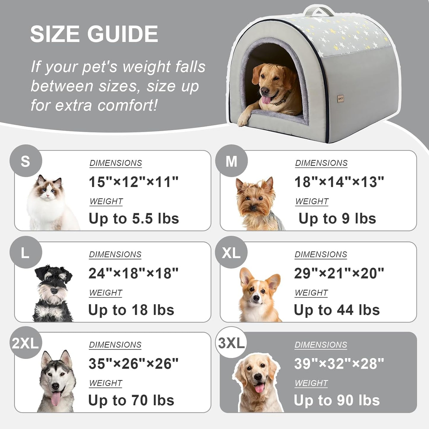 Jiupety 2 in 1 Dog House Indoor, Comfy Cave Bed Covered Dog Bed, Portable House for Large Dogs, 3XL(39"×32"×28"), Up to 90 Lb, Grey