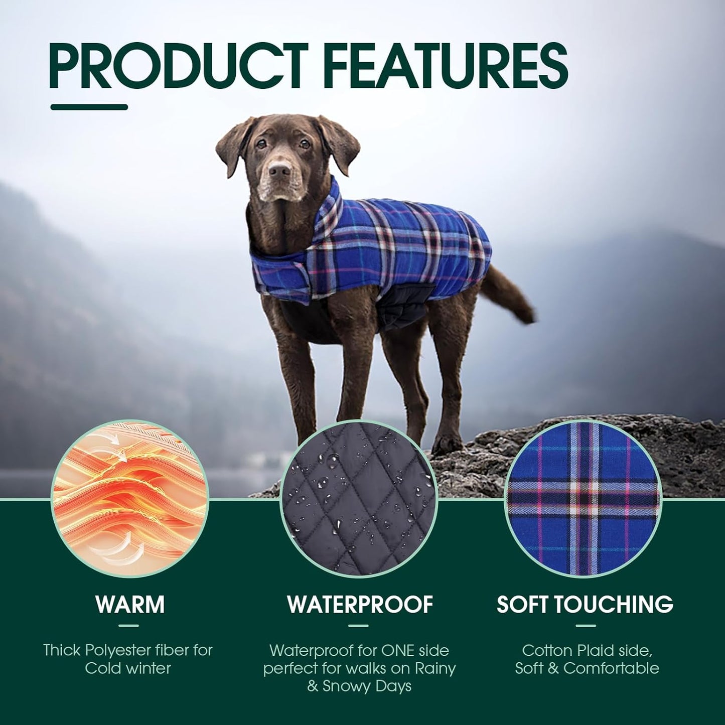 Kuoser Waterproof Dog Coat, Reversible Dog Jacket for Medium Dogs, Adjustable Durable Doggie Winter Coat Warm Puppy Cold Weather Apparel from Small to Large Breed, Navy M