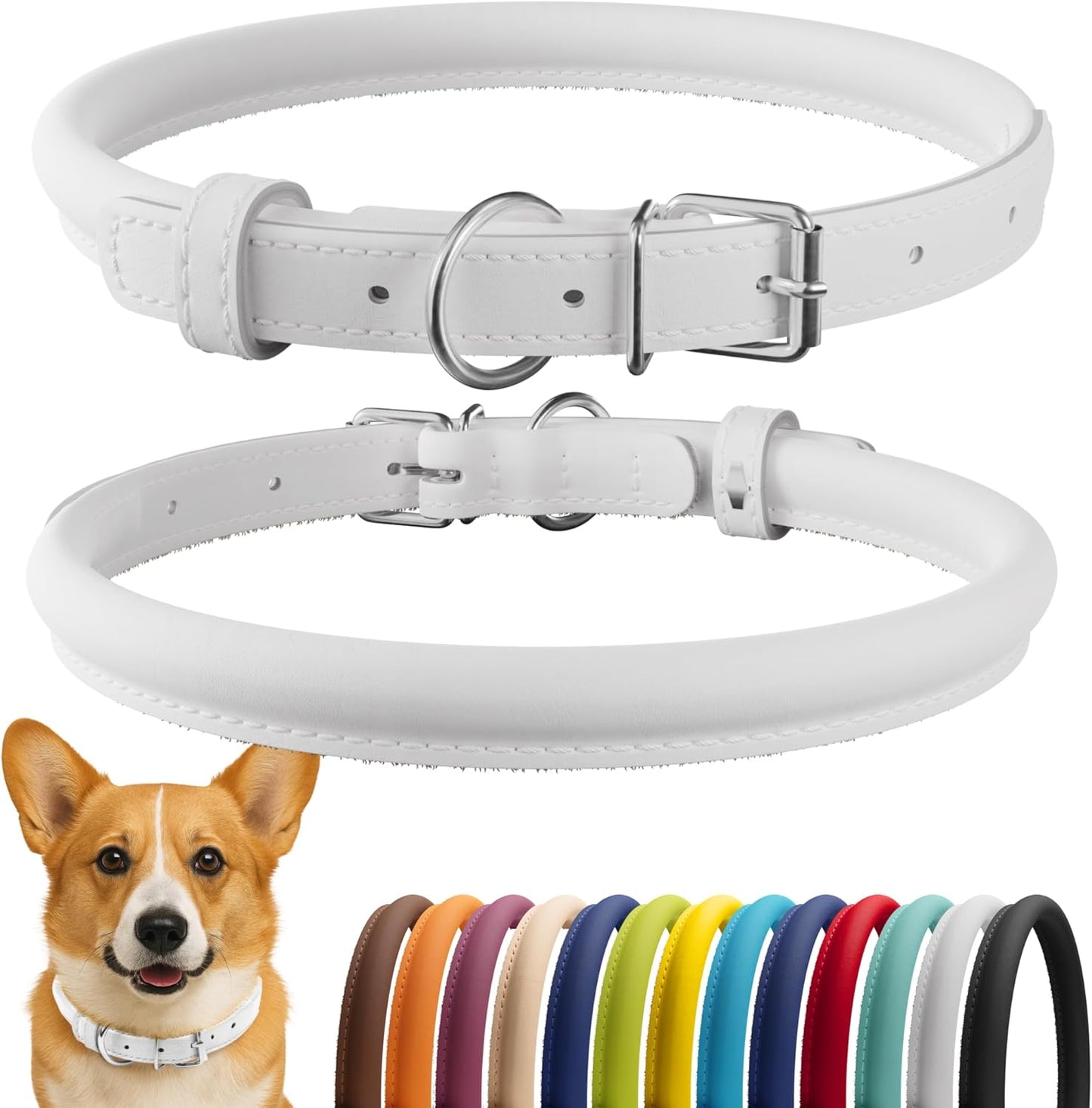 CollarDirect Rolled Leather Dog Collar, Soft Padded Round Puppy Collar, Handmade Genuine Leather Collar Dog Small Large Cat Collars 13 Colors (11-14 Inch, White Smooth)