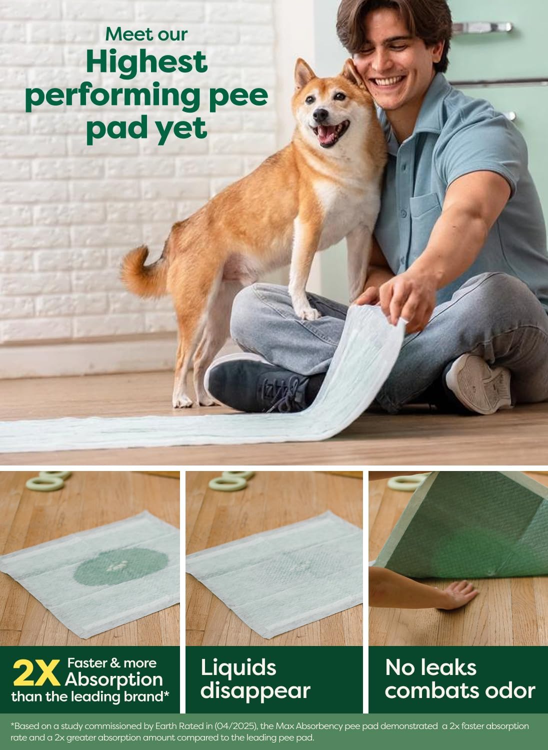 Earth Rated Max Absorbency Puppy Pee Pads for Dogs Absorbs 2X Faster & 2X More, Leak-Proof, Odor Control Potty Training, Unscented, Large, 22” x 23”, 40 Count