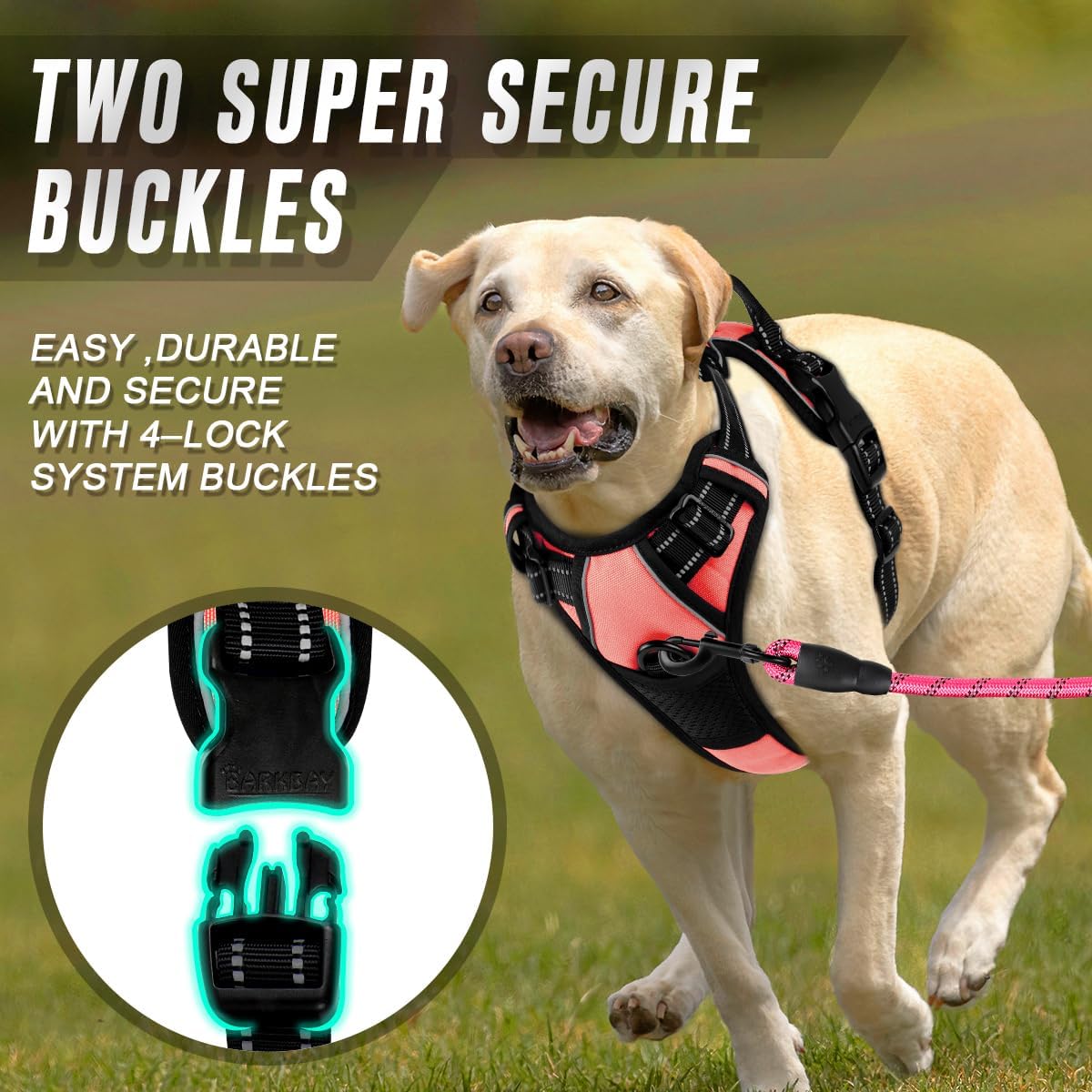 BARKBAY No Pull Dog Harness Front Clip Heavy Duty Reflective Easy Control Handle for Large Dog Walking(Light Pink,M)