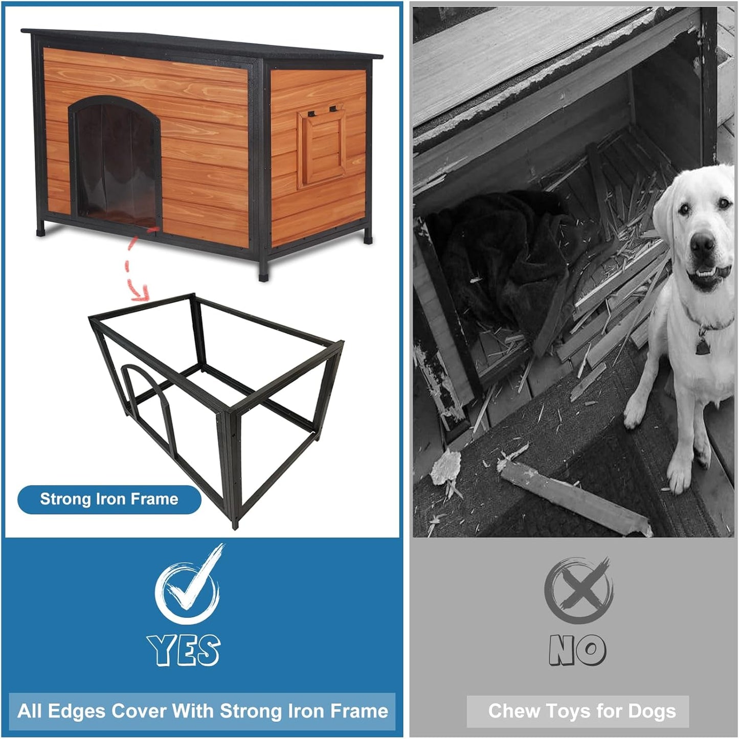 Dog House Outdoor Weatherproof 43.3" L Chew Proof Dog Kennel for Small Medium Large Dogs with Strong Metal Chew Proof Frame Raised Design