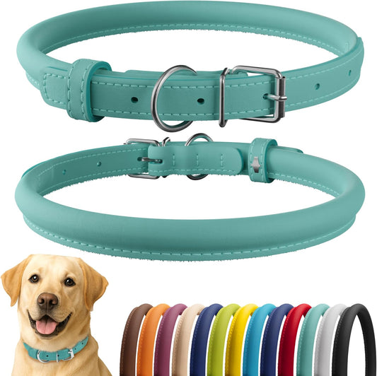 CollarDirect Rolled Leather Dog Collar, Soft Padded Round Puppy Collar, Handmade Genuine Leather Collar Dog Small Large Cat Collars 13 Colors (15-19 Inch, Mint Green Smooth)