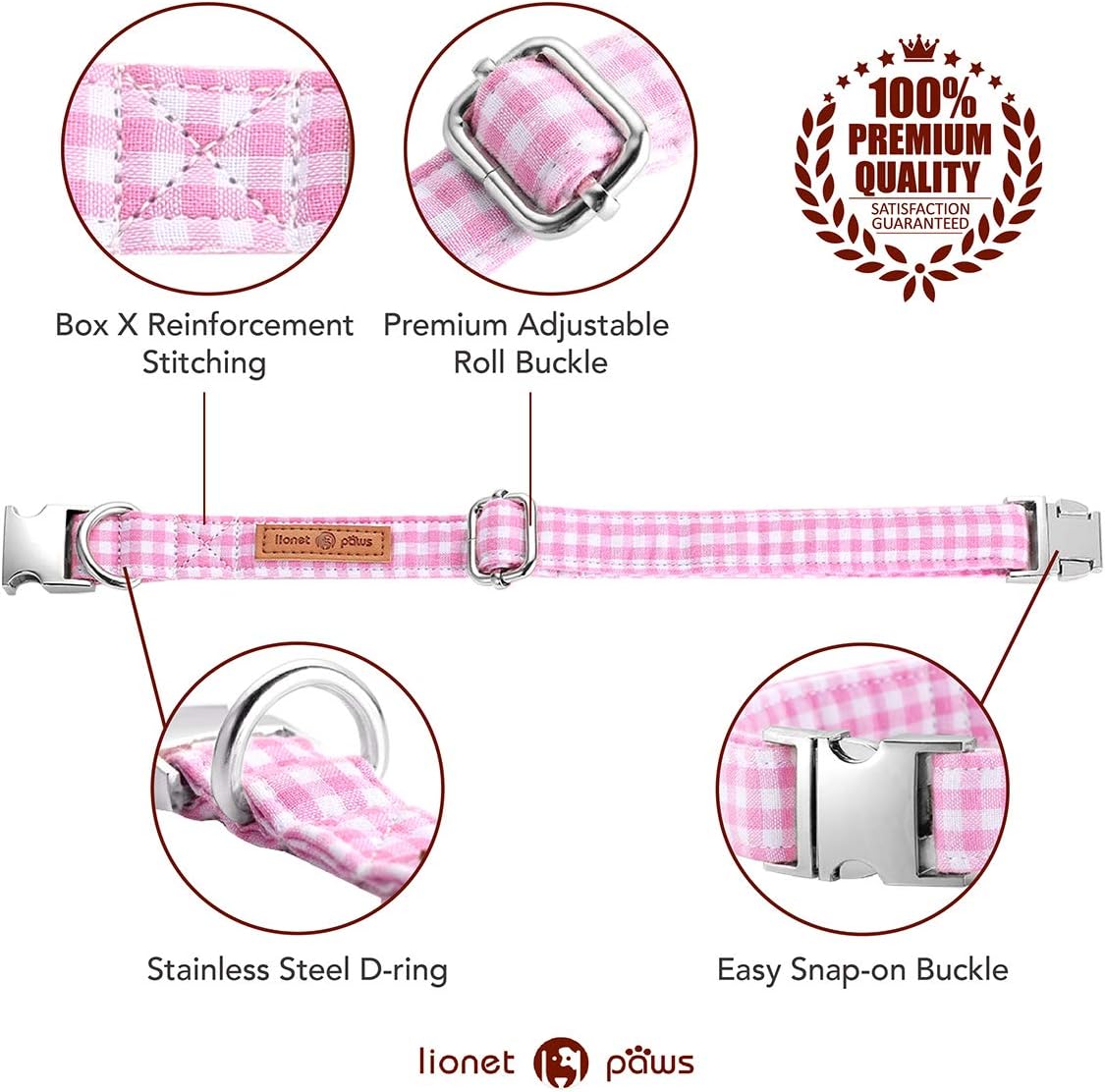 Lionet Paws Dog Collar with Bowtie, Comfortable Adjustable Cute Pink Gingham Bow Tie Collar for Female Puppies and Cats Gift, XS, Neck 8-12 inches