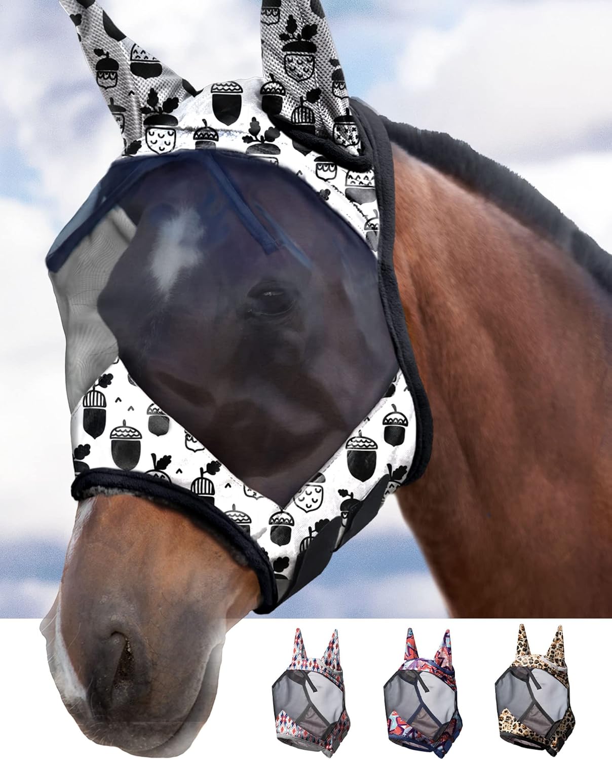 Harrison Howard LumiVista Horse Fly Mask Standard with Ears UV Protection for Horse Pine Cones XL Extra Full