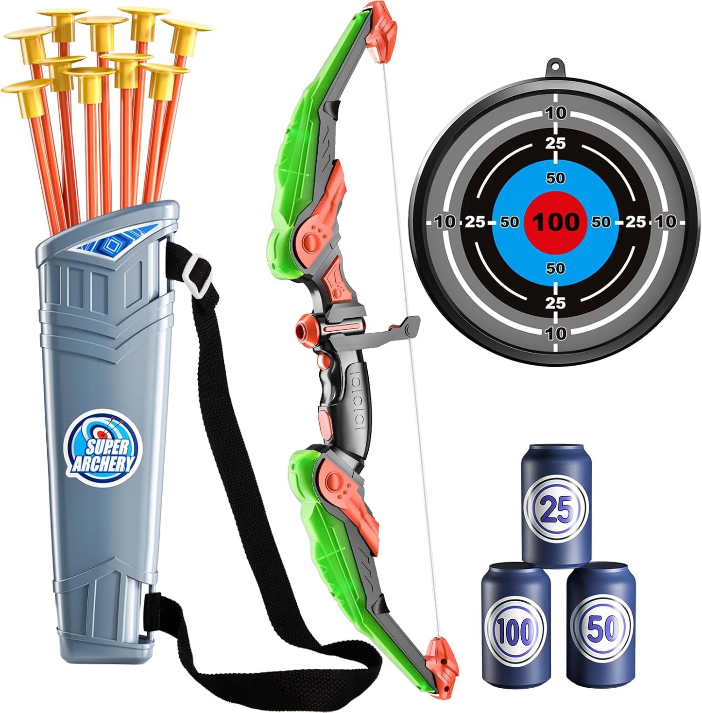 TEMI Bow and Arrow Set for Kids - Archery Toy Set - LED Light Up with Suction Cup Arrows, Target & Quiver, Indoor and Outdoor Toys for Children Boys Girls