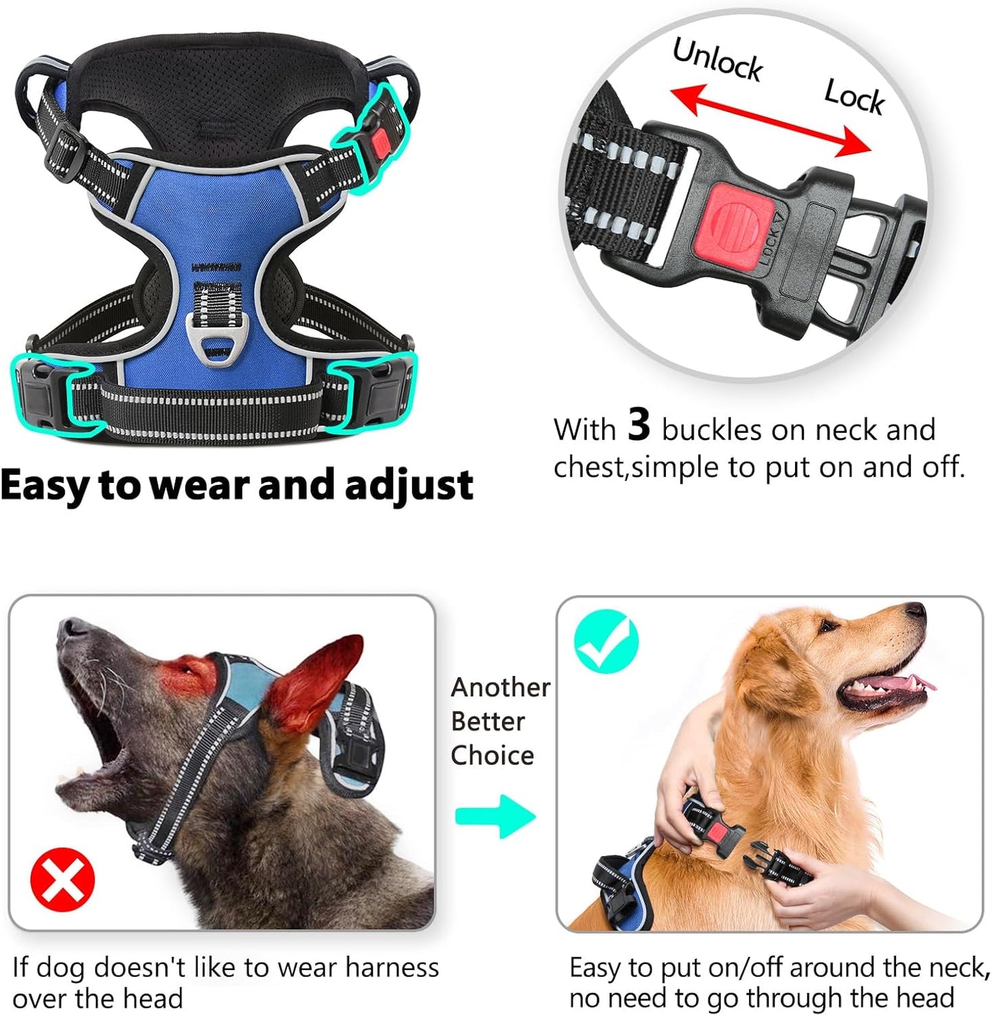 Timos Dog Harness for Large Dogs, No Pull Service Vest with Reflective Strips and Control Handle,No Choke Dog Harness with 2 Metal Rings for Easy Walking,Outdoor Training,Blue, XL