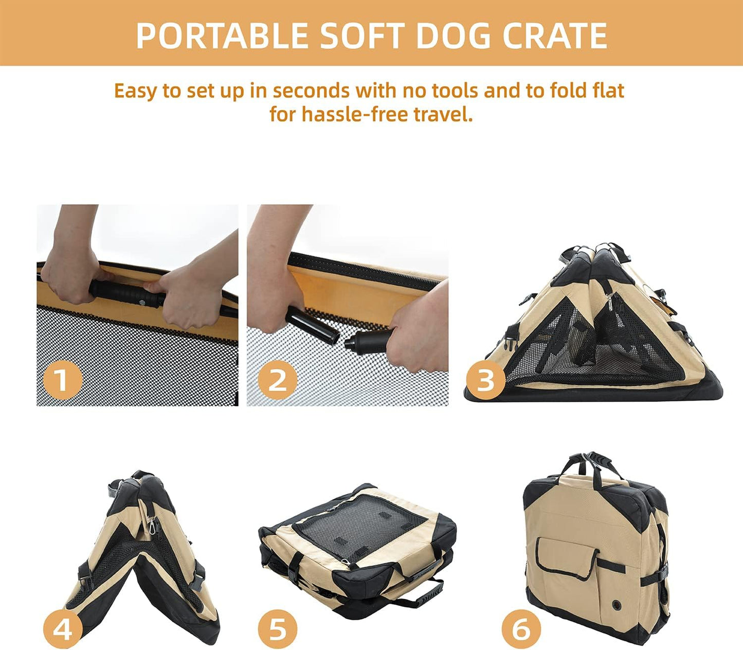 Pettycare 36 Inch Collapsible Dog Crate for Large Dogs, 4-Door Foldable Soft Dog Kennel with Chew Proof Mesh Windows, Indoor & Outdoor Travel Dog Crate, Beige