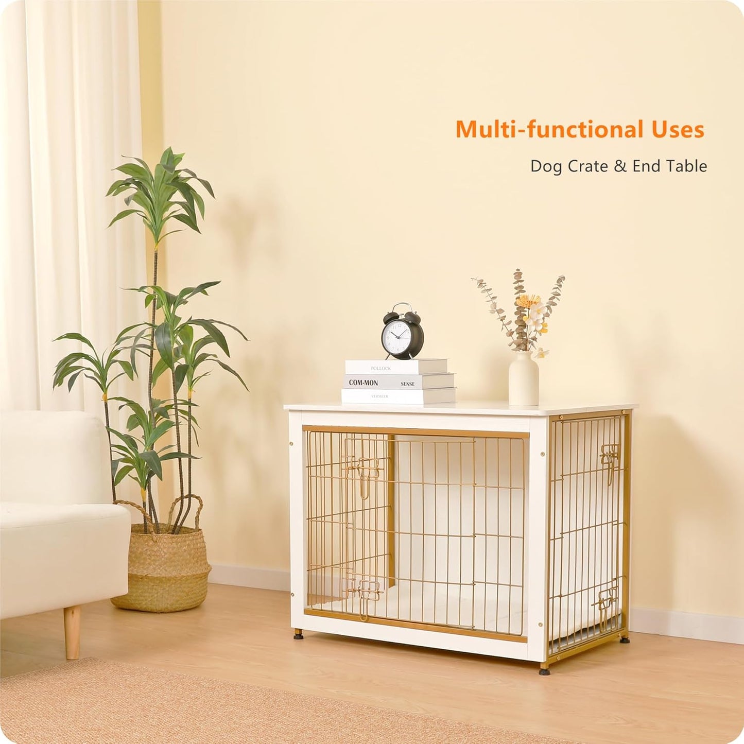 DWANTON Dog Crate Furniture with Cushion, Wooden Kennel Table with Double Doors, Indoor Dog House, Medium Size, 32.5" L, White