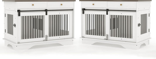 Dog Furniture Crate, 47" Large Dog Crate Furniture w/ 2 Storage Draws & Removable Divider for Large/Medium/Small Dogs (White, Double Cage)
