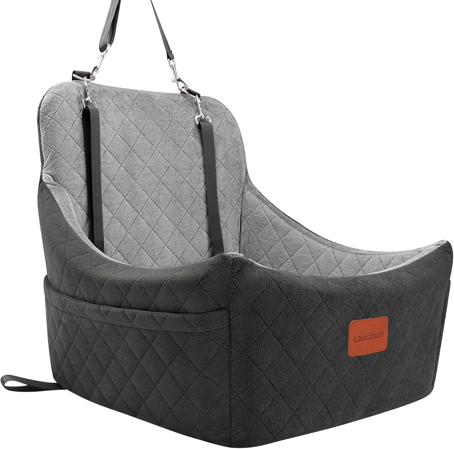 Dog Car Seat for Dogs Up to 35lbs,Fully Detachable and Washable,Memory Foam Covered Soft Fabric,Easy to Install with Adjustable Straps,Anti-Slip Bottom,Two Side Pockets(Black/Grey,Medium)