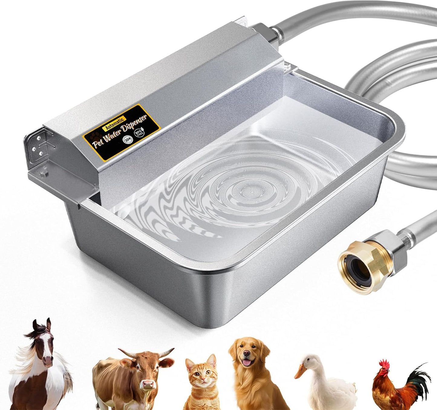 Automatic Water Dispenser for Dogs 2 Gallons, 304 Stainless Steel Dog Water Bowl Dispenser for Farm Chicken Pets Indoor&Outdoor Dog Waterer Feeder Fit 3/4'' GHT Faucet Auto Filling Wide Drinking Area