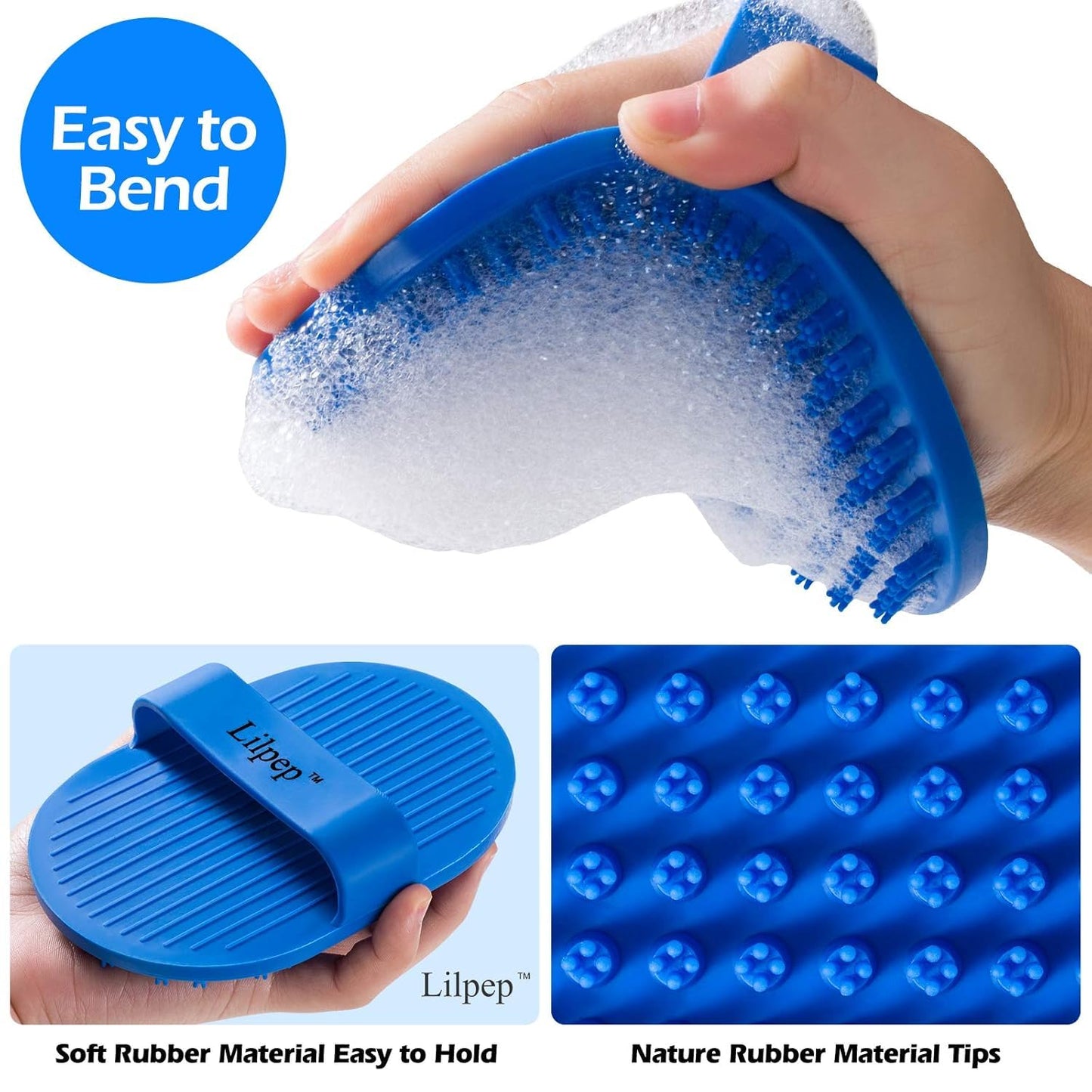 Lilpep Dog Bath Brush, Rubber Pet Shampoo Brush with Silicone Bristles for Massaging Grooming, Removing Short Haired Dogs Cats Shedding, Tangles and Dead Undercoat (Blue, plum brush)