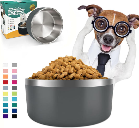 IKITCHEN Dog Bowl for Food and Water, 64 Oz Stainless Steel Pet Feeding Bowl, Durable Non-Skid Insulated Heavy Duty with Rubber Bottom for Medium Large Sized Dogs (64 Ounces/8 Cup, Grey)