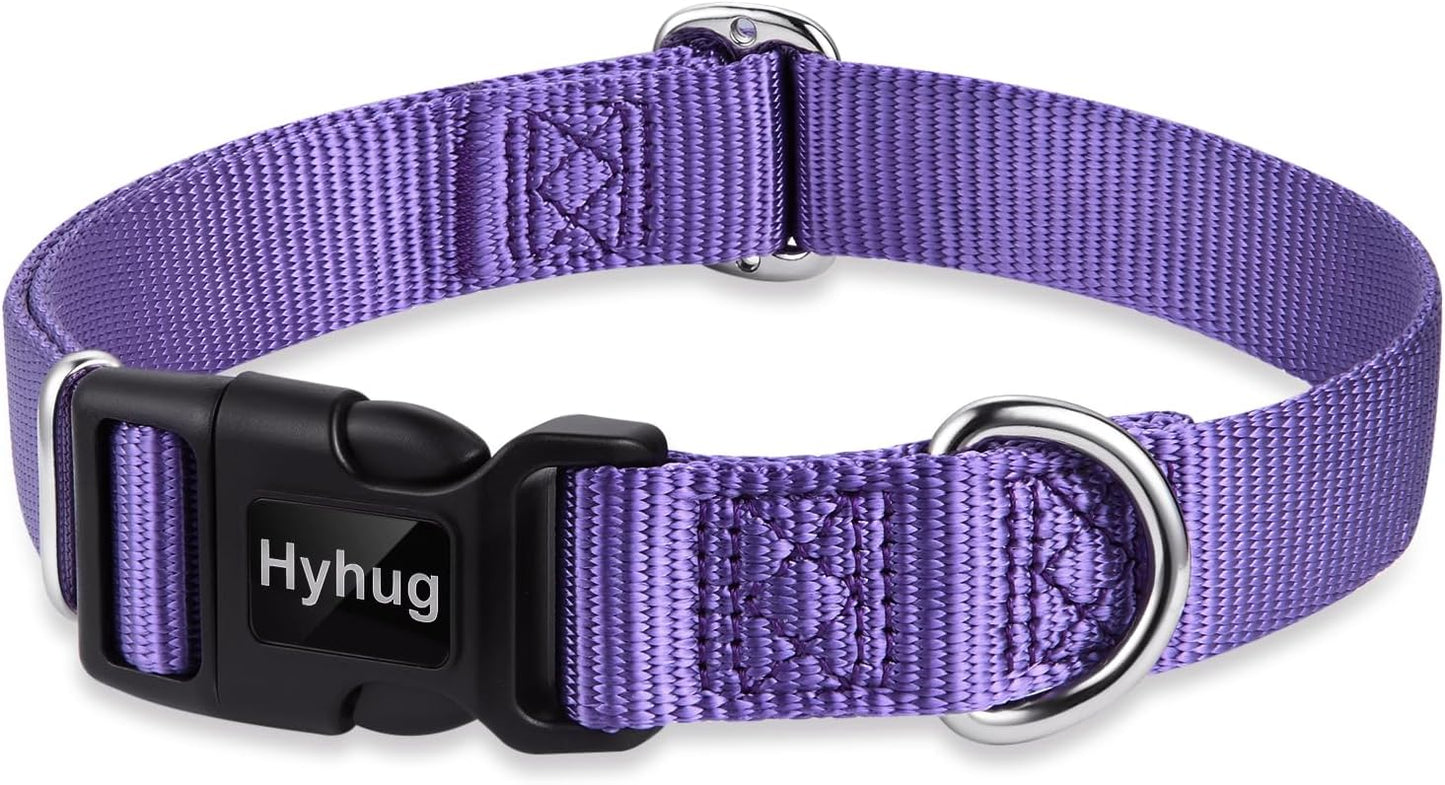 Hyhug Pets Solid Color Classic Regular Soft Nylon Basic Collar for Medium Breeds Dogs, Unique Design Adjustment Triglide Slide (Buckle) Can Attached Name Tag Accessories. (Medium, Ultra Violet)