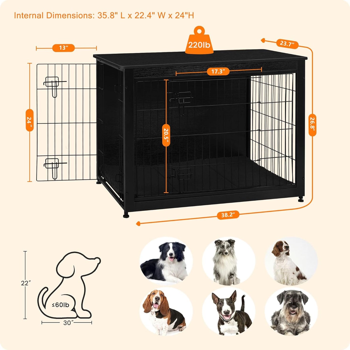 DWANTON Dog Crate Furniture with Cushion, Wooden Kennel Table with Double Doors, Indoor Dog House, Large Size, 38.5" L, Black