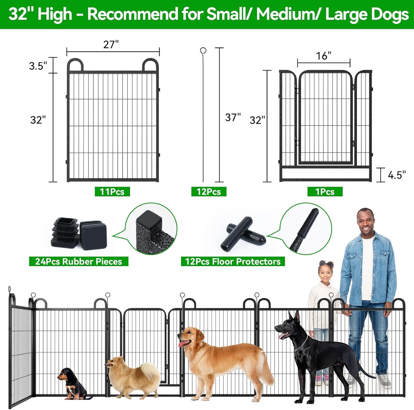 Dog Playpen Outdoor 12 Panels Heavy Duty Dog Fence 32" Height Anti-Rust with Doors Portable for RV Camping Yard, Total 27FT, 58 Sq.ft, Snowy Black