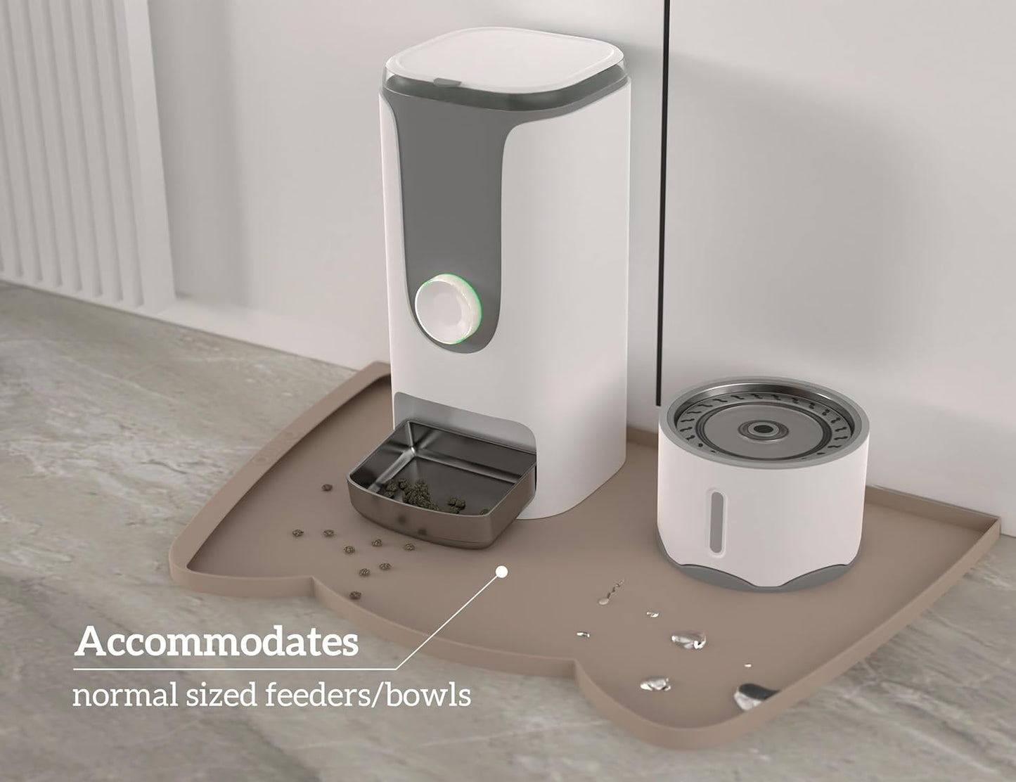 OHMO Dog Food Mat(Beige, 24 * 15'') w/Residue Collection Pocket Silicone Pet Feeding Mat for Floor High Edges Anti Spills Waterproof Cat Water Bowl Tray, Easy Clean Placemat