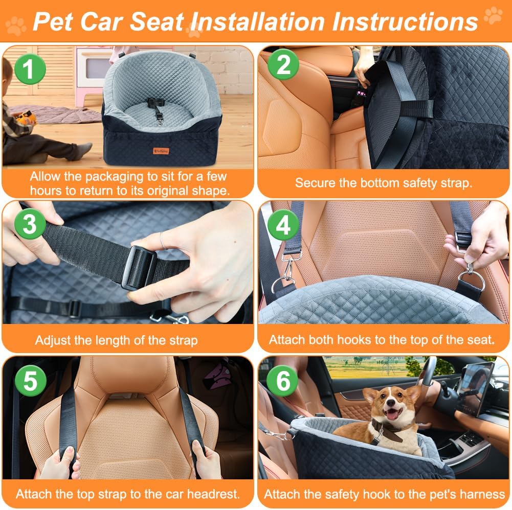 Vivifying Dog Car Seat for Small & Medium Dogs, Detachable & Washable Booster Seat for Pets Up to 30lbs, Travel Bed with Storage Pockets and Safety Belt – Gray&Black