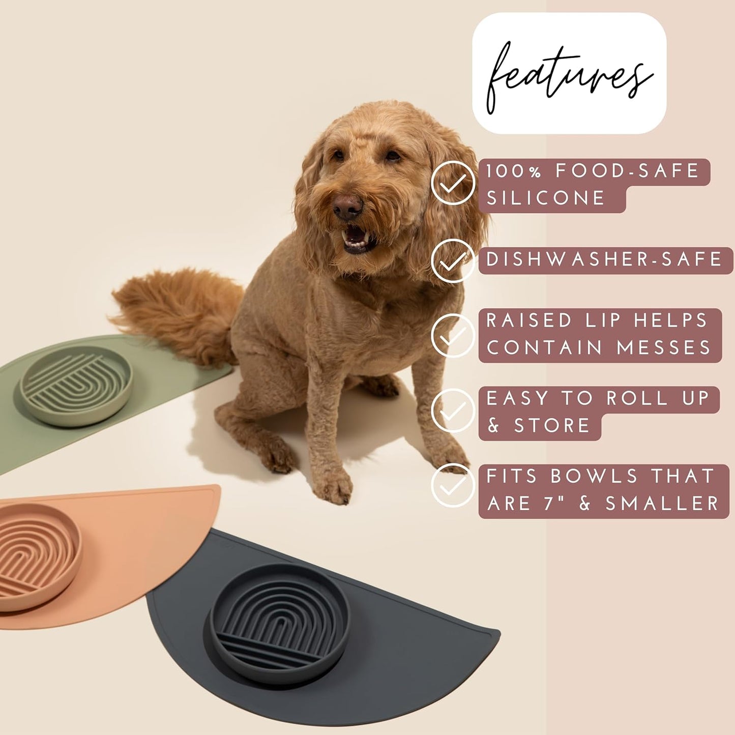 Waterproof Silicone Pet Food Mat - Non-Slip, Spill-Proof Feeding Mats for Floors, Raised Edge Design, Easy-to-Clean Mat for Dog & Cat Bowls, 21" Across x 10.5" Deep, Medium-Sage Green