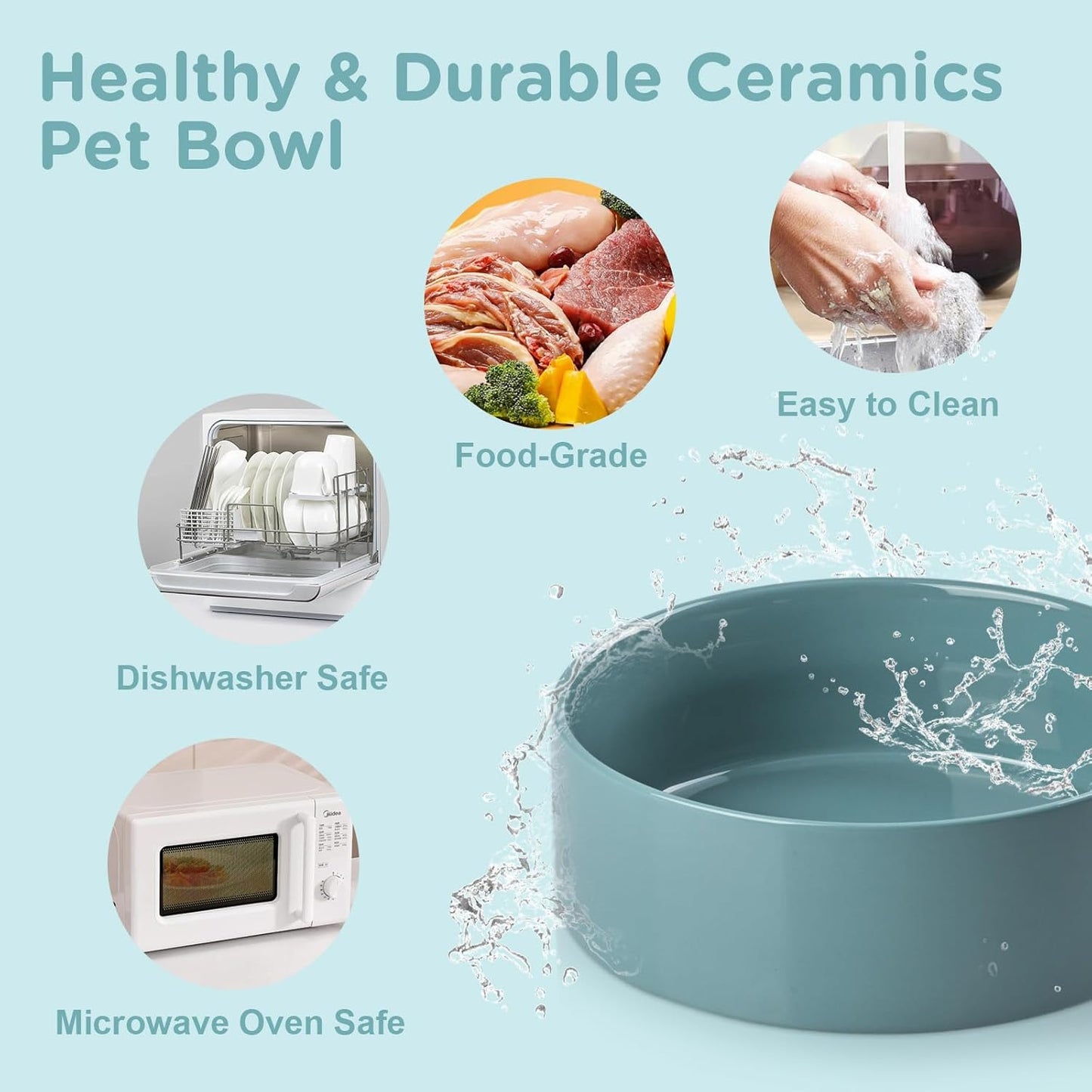 SPUNKYJUNKY Elevated Dog Bowls Ceramic, 5.1'' Dogs and Cat Food Water Bowls Raised with Non-Slip Bamboo Stand for Puppy Small Sized Breed Microwave Dishwasher Safe - 13.5 OZ,Dark Green