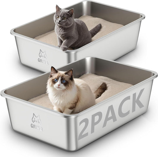 2 Pack Stainless Steel Cat Litter Box, 23.4" L×15.6" W×7.8" H, Metal Kitty Litter Box with High Sided for Big Cats, Non-Stick, Easy to Clean, Odor-Free