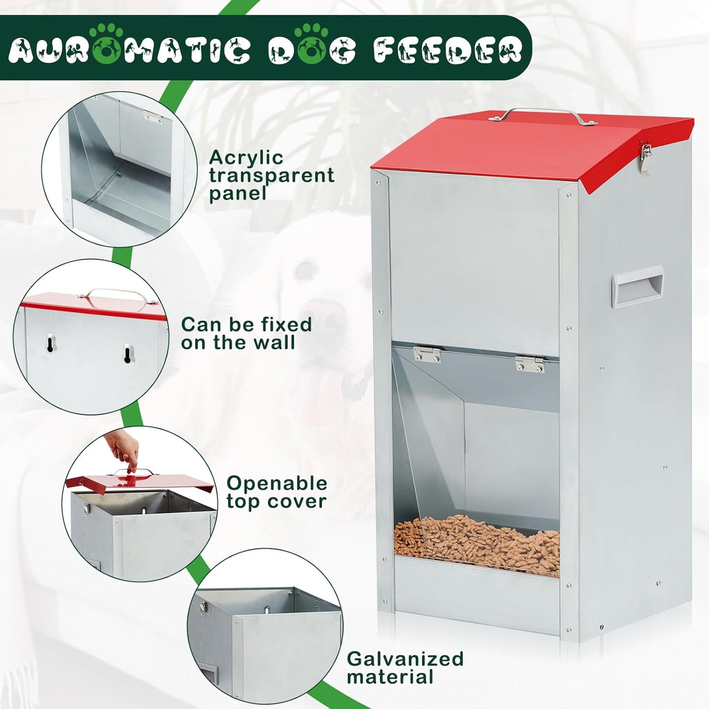 No Installation Large Galvanized Automatic Dog Feeder with Handle 25 Lbs Large Breed Dog Food Dispenser 11.5'' l x 9.8'' W x 23'' H Outdoor Hanging Gravity Food Feeder