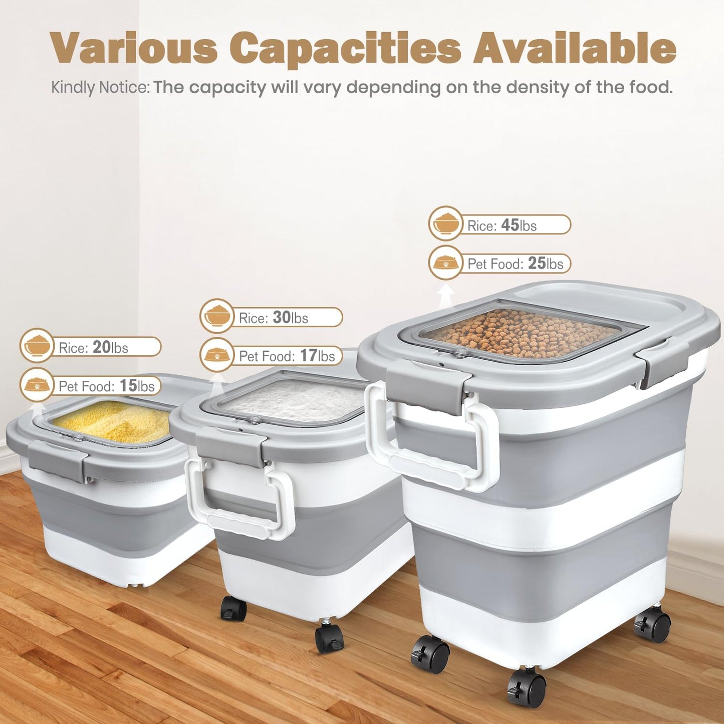 Rice Storage Container, Collapsible Airtight Food Storage Containers 20-30 Lbs, Rice Dispenser Bin with Cup and Scoop for Flour Cereal Pasta Grain, Cat Bird Pet Dog Food Storage Container