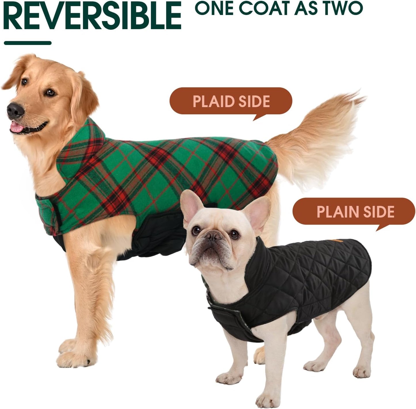 Kuoser Warm Dog Coat, Waterproof Dog Jacket for Extra Large Dogs, Adjustable Durable XL Doggie Winter Coat Reversible Cozy Puppy Cold Weather Apparel from Small to Large Breed, Christmas Green XL
