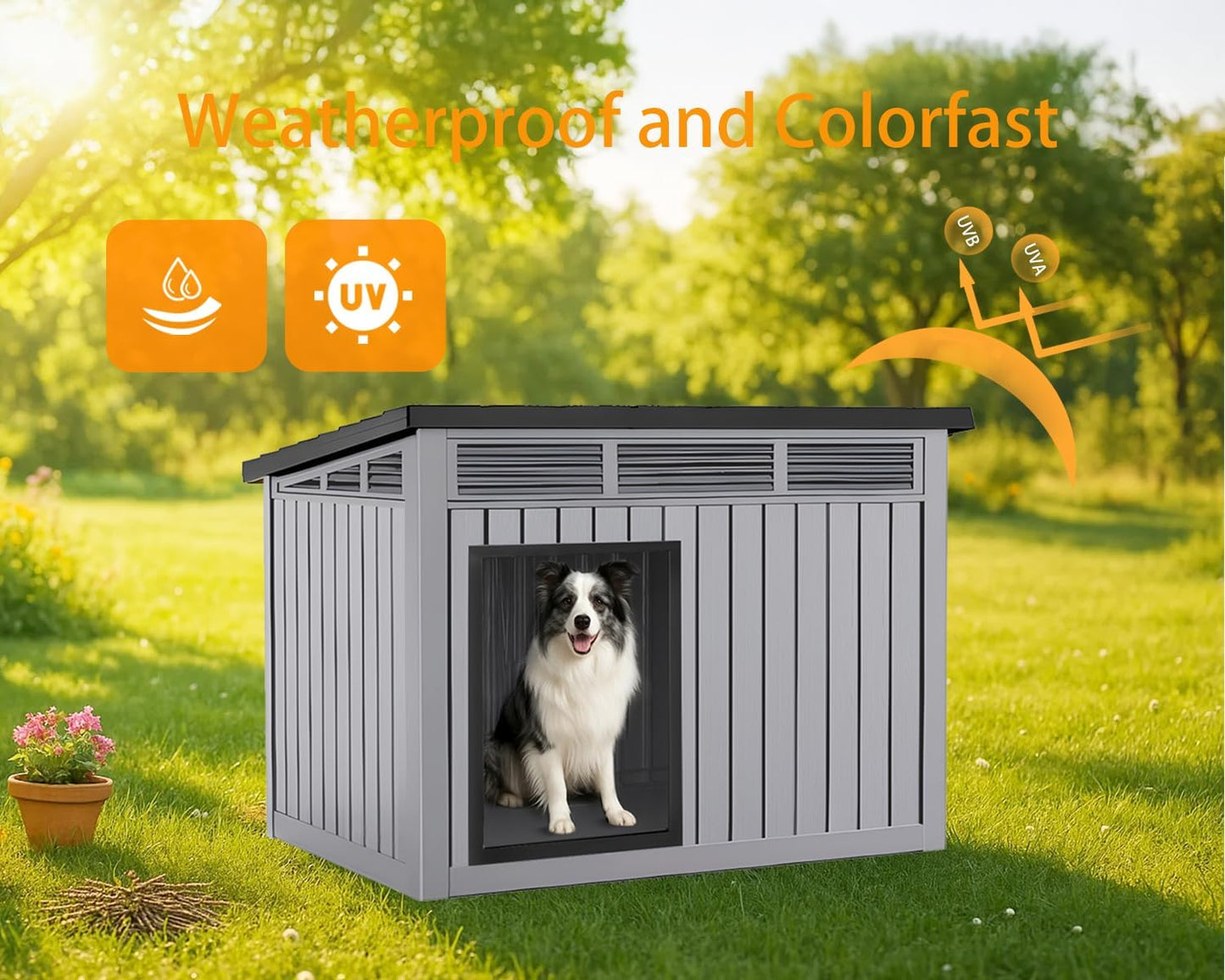 VIXZEN Dog House Indoor Outdoor,Waterproof Dog House for Small to Large Dogs,Doghouse with Air Vents and Elevated Floor,Openable at The Top,Easy to Assemble and Clean,Gray,42.87"×32.95"×31.61"