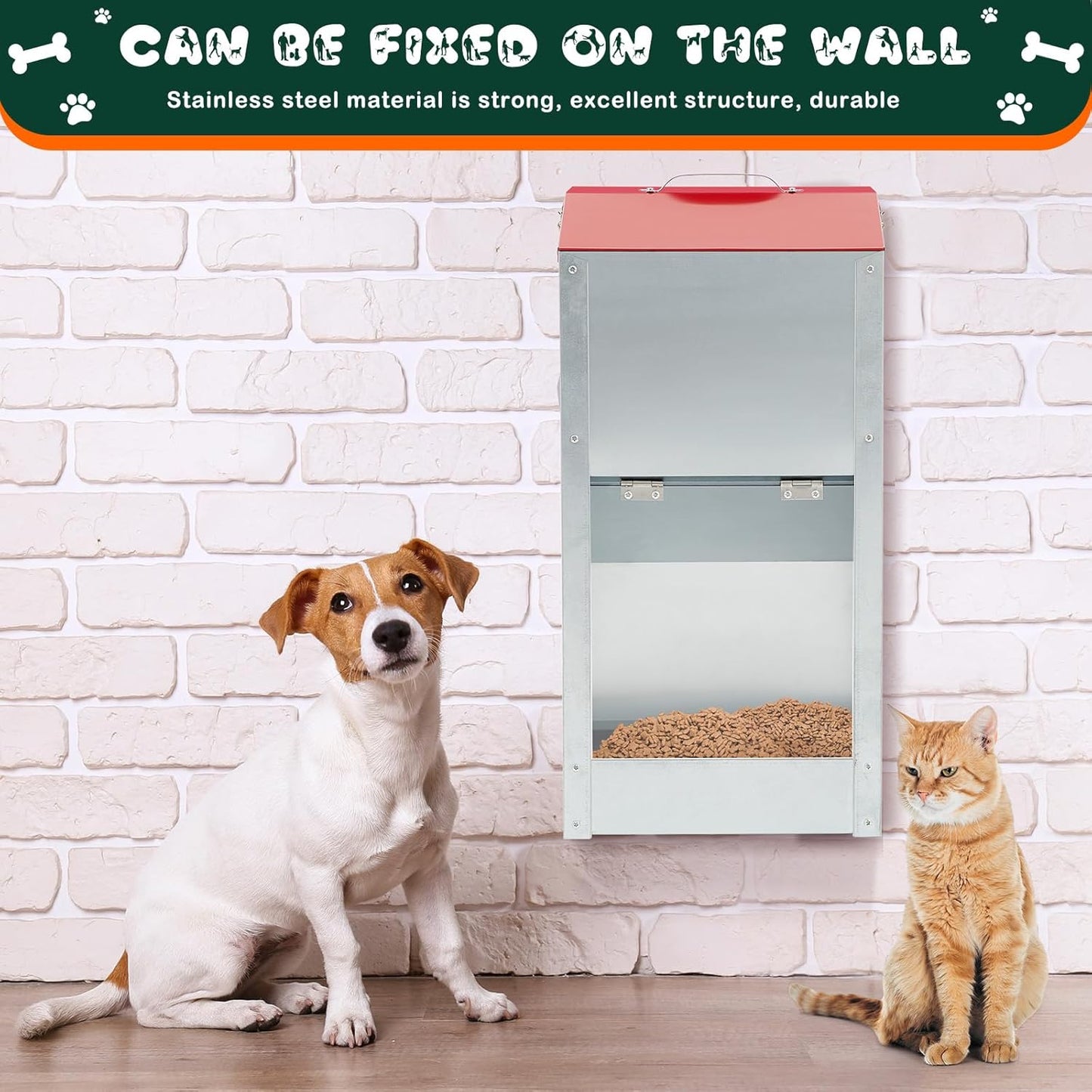 2 Pcs 15 Lbs Large Automatic Dog Feeders with Handle Acrylic Panel Galvanized Gravity Feeder Outdoor Hanging for Doggie Breed Dog Food Dispenser Container(Red)