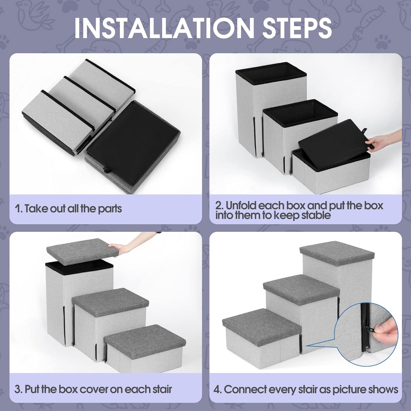 Heeyoo Dog Stairs with Storage, Foldable Dog Steps for Small Dogs, 3 Tiers Non-Slip Pet Stairs for High Beds Or Couch and Sofa, Hold up to 200 lbs Pet Cat